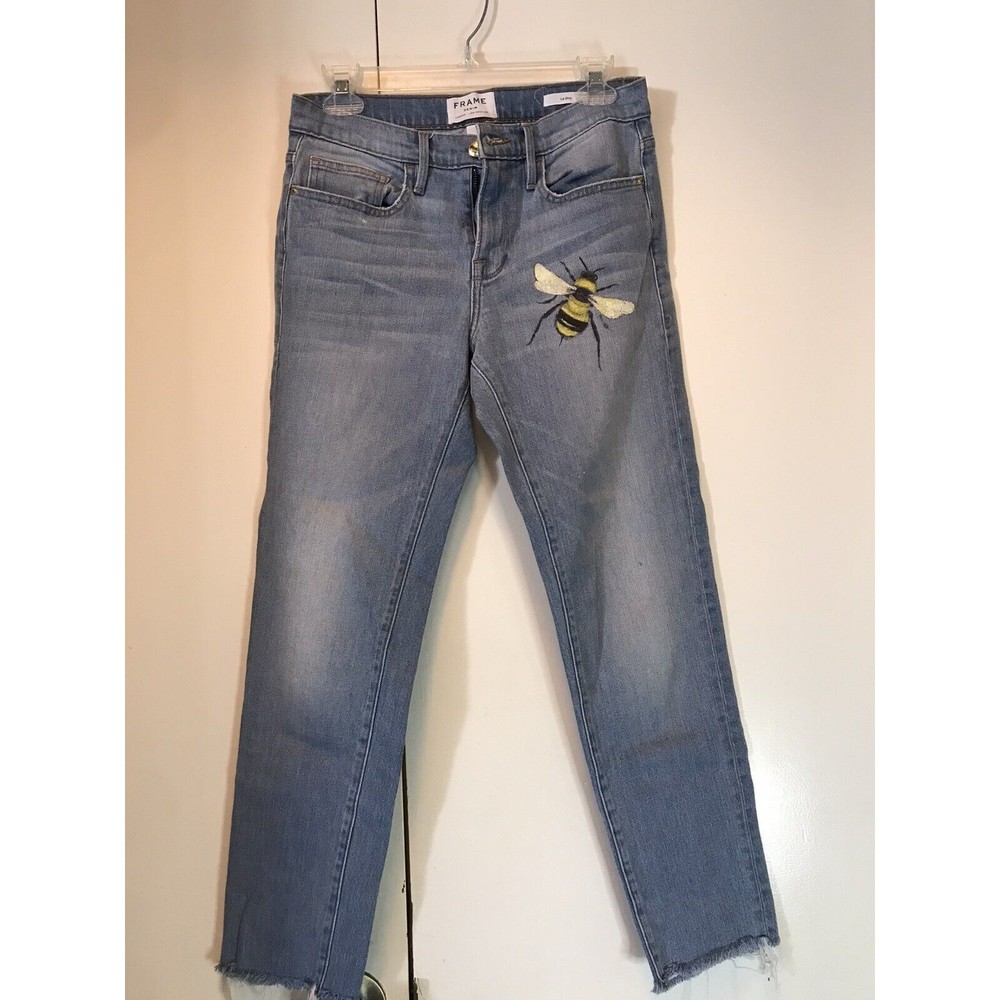 hand paint bee FRAME JEANS le boy high waist raw hem light blue wash straight 27